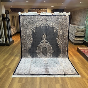 Großer Seidenteppich, marineblauer Seidenteppich, traditioneller Seidenteppich, 7x10 klassischer Teppich, türkischer Seidenteppich, Palastteppich, Wohnzimmerteppich, wunderschöner Teppich