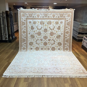 Tappeto in seta 8x11, tappeto beige oversize, tappeto Oushak oversize, tappeto in seta turca, tappeto in seta Palace, tappeto in seta di alta qualità, tappeto beige per soggiorno