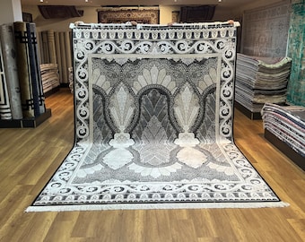 Black Bamboo Silk Turkish Rug, Oriental Living Room Carpet (8x11)