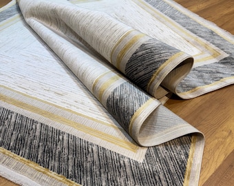 Bamboo Silk Area Rug, Grey and Gold Bordered Rug (5.05x7.67 ft)