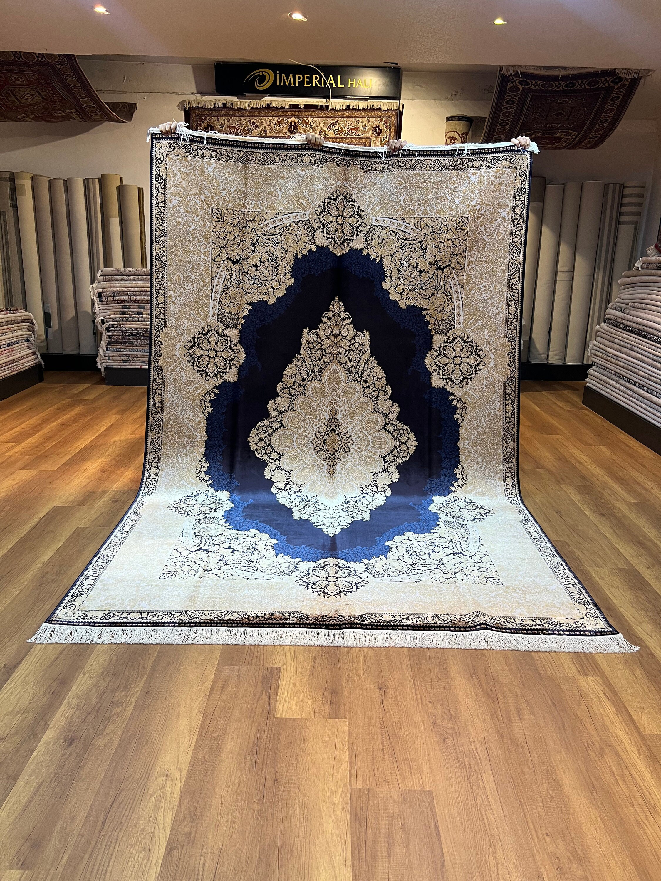 Classic Silk Rug, Navy Blue Gold Rug, 7x10 Area Rug, Large Silk Rug, Traditional Silk Rug, Bamboo Silk Rug, Living Room Rug, Unique Silk Rug