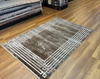 Tapete com bordas, tapete de seda marrom, tapete simples, tapete suave, tapete de área 5x8, tapete de sala de estar, tapete de seda de bambu, decoração para casa, tapete macio, tapete de seda moderno