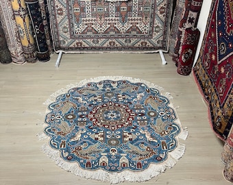 4x4 Round Rug, Blue Circle Rug, Wool Round Rug, Handmade Round Rug, Entry Rug, Bohemian Home Decor Rug, Vintage Turkish Rug, Unique Carpet