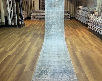 Gray Blue Silk Rug, Abstract Runner Rug, Kitchen Runner Rug, 3x13 Silk Rug, Bamboo Silk Rug, Hallway Rug, Extra Long Runner Rug, Home Decor