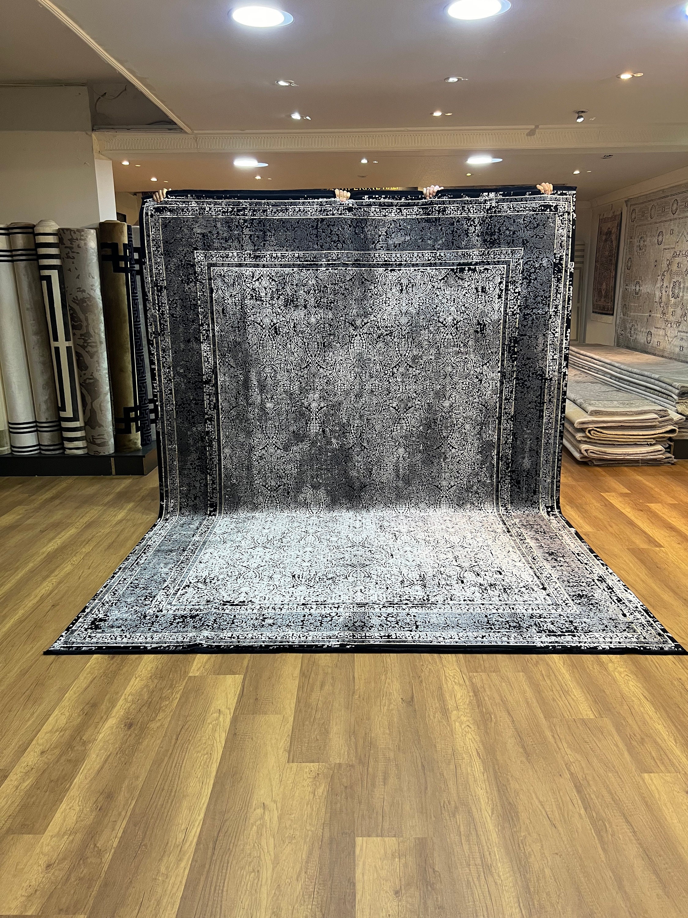 Black Silver Rug, 8x11 Silk Rug, Oversize Silk Rug, Living Room Rug ...