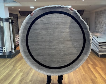 4x4 Ft Round Area Rug, Gray Circle Rug, Bordered Carpet, Silk Round Rug, Bamboo Silk Rug, Rug For Gift, Home Decor, Grey Black Framed Carpet