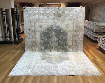 Oversize Bamboo Silk Turkish Rug, Gold Traditional Palace Carpet (8x11)