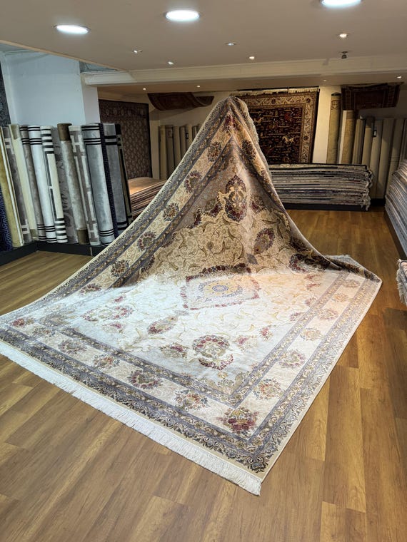 EXTRA Großer Teppich, Palast Seidenteppich, Wunderschöner Seidenteppich, Traditioneller Seidenteppich, Cremefarbener Orientalischer Seidenteppich, Hochwertiger Seidenteppich