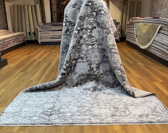 Oushak Bamboo Silk Area Rug, Large Gray Carpet (7x10 ft)