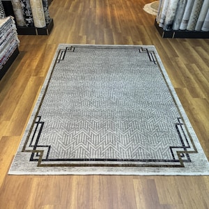 Framed Rug, Modern Rug, Grey Silk Rug, Area Rug, Bamboo Silk Rug, Unique Silk Rug, High Quality Silk Rug, Dining Room Rug, 7x10 ft Large Rug