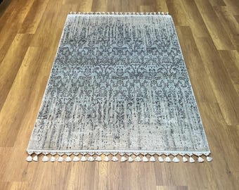 Gray Rug, Luxury Silk Rug, Abstract Rug, Modern Silk Carpet, 4x6 Area Rug, Rug For Kitchen, Bamboo Carpet, Home Decor Rug, Contemporary Rug