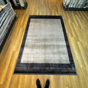 Bordered Rug, Plain Rug, Modern Rug, 7x10 Area Rug, Bamboo Silk Rug, Grey Anthracite Silk Rug, Living Room Rug, Bedroom Rug, Large Silk Rugs