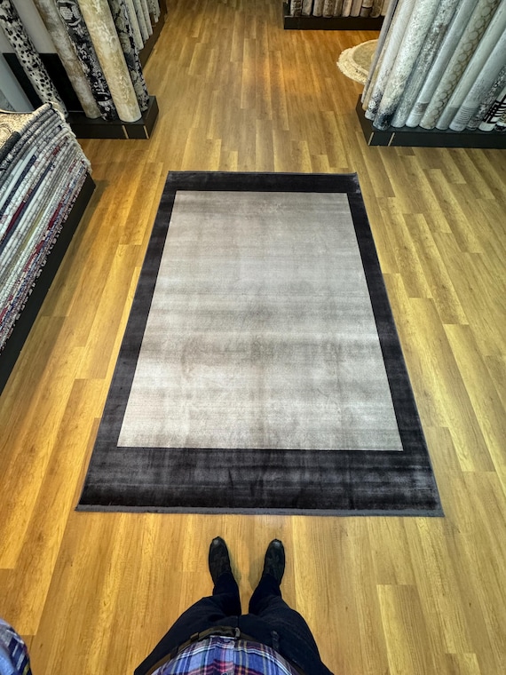 Bordered Rug, Plain Rug, Modern Rug, 7x10 Area Rug, Bamboo Silk Rug, Grey Anthracite Silk Rug, Living Room Rug, Bedroom Rug, Large Silk Rugs