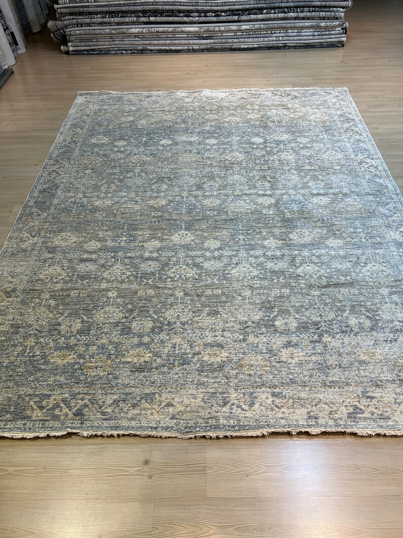 8 x 10 blauw Turks vloerkleed, gedempt oversized tapijt afbeelding 9