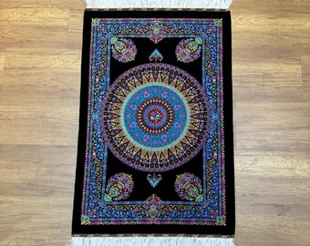 Oriental Silk Rug, 2x3 Silk Rug, Black Silk Rug, Mini Carpet, Classic Rug, Gift Rug, Hight Quality Silk Rug, Bamboo Silk Rug, Home Decor Rug