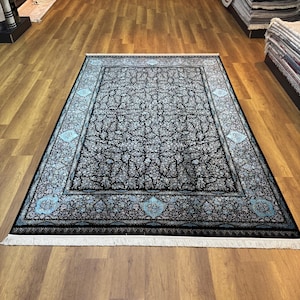 7 x 10 Fuß Schwarzer Seidenteppich, Luxus Seidenteppich, Hochwertiger Seidenteppich, Schwarzer Teppich für Wohnzimmer, Schwarz Blauer Teppich, Seidenteppich