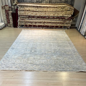 8 x 10 blauw Turks vloerkleed, gedempt oversized tapijt afbeelding 2