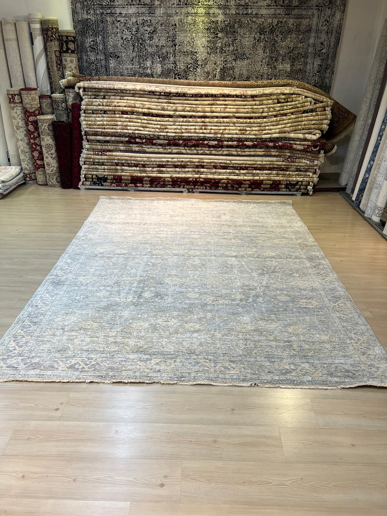 8 x 10 blauw Turks vloerkleed, gedempt oversized tapijt afbeelding 2