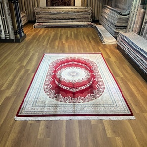 Quality Silk Rug, Gorgeous Silk Rug, Oriental Silk Rug, Palace Silk Rug, Unique Rug, Large Rug, 7x10 Area Silk Rug, Red Rug For Living Room