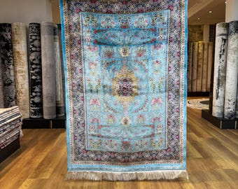 Blue Silk Rug, Luxury Silk Rug, Flower Design Rug, Small Silk Rug, 3x5 Accent Rug, Authentic Rug, Gorgeous Silk Rug, Bamboo Silk Rug, Carpet