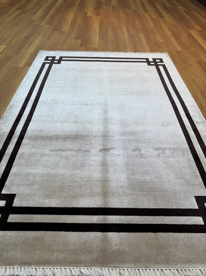 Brun sidenmatta, matta med kant, brun enfärgad matta, 4x6-matta, modern matta, inramad matta, hallmatta, bambusidenmatta, heminredning, vacker matta bild 3