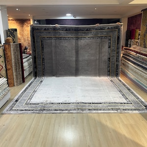10x13 Gray Rug, Rug For Living Room, Modern Rug, Authentic Rug, Bordered Carpet, Oversize Silk Rug, Bamboo Rug, Oversize Plain Rug, Decor