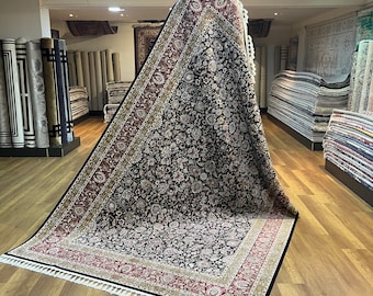 Large Hereke Bamboo Silk Rug, Black Red Floral, 6.43x9.84 Ft