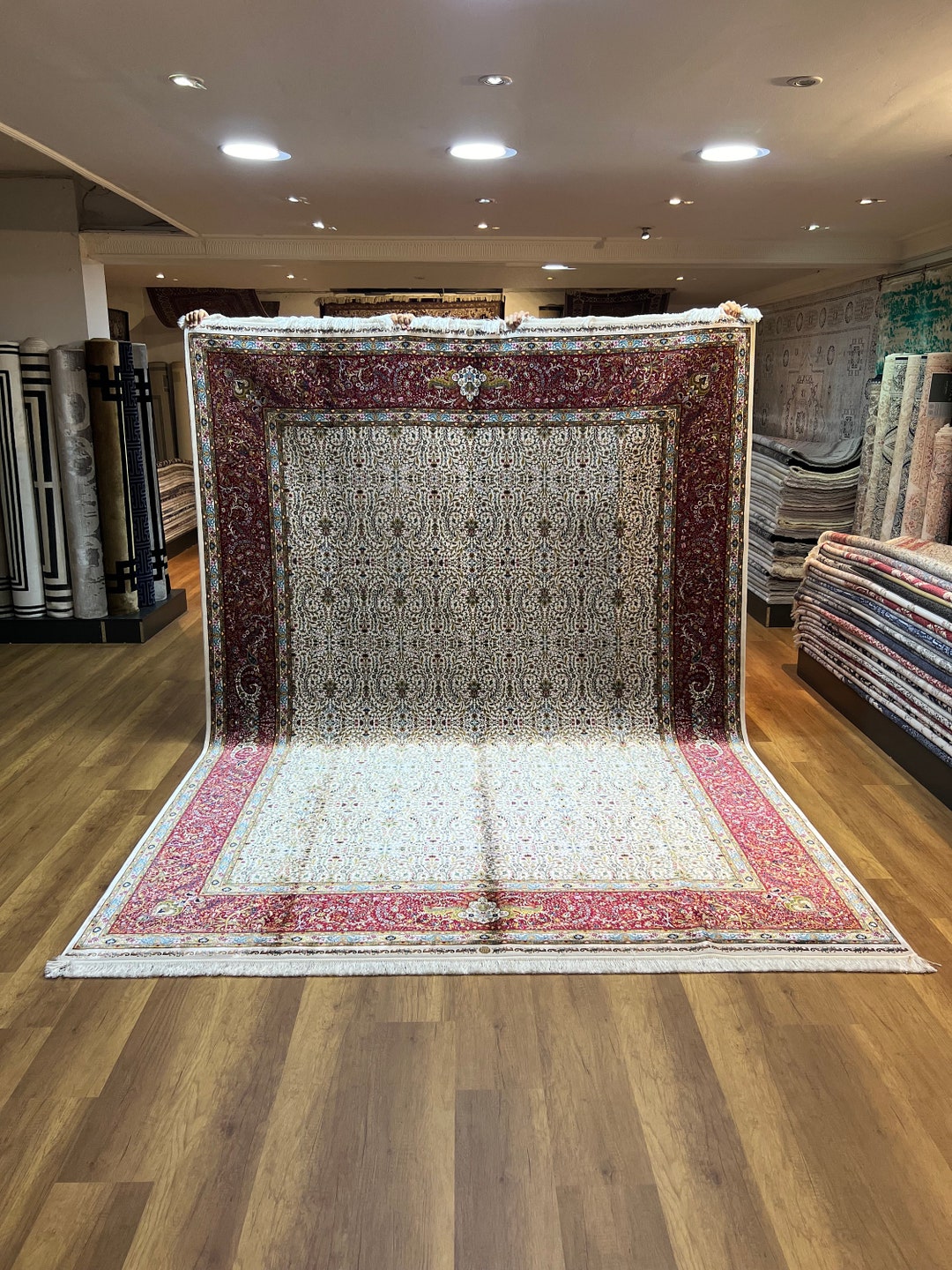 Hereke Silk Rug, Cream & Red Floral Carpet, Oriental Area Rug