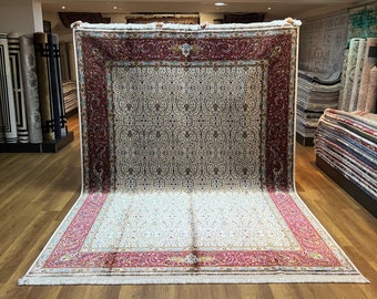 Vintage Stil Perserteppich, Cremefarbener und Roter Blumenteppich, Orientalischer Teppich