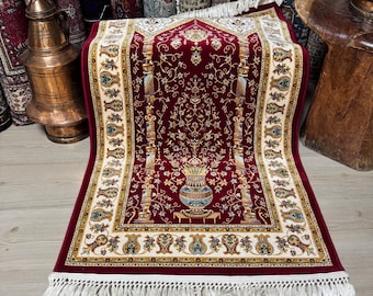 Alfombra Janamaz Sajjada, alfombra de oración roja, alfombra de oración de seda de bambú, alfombra turca de 2,2 x 3,9 pies.