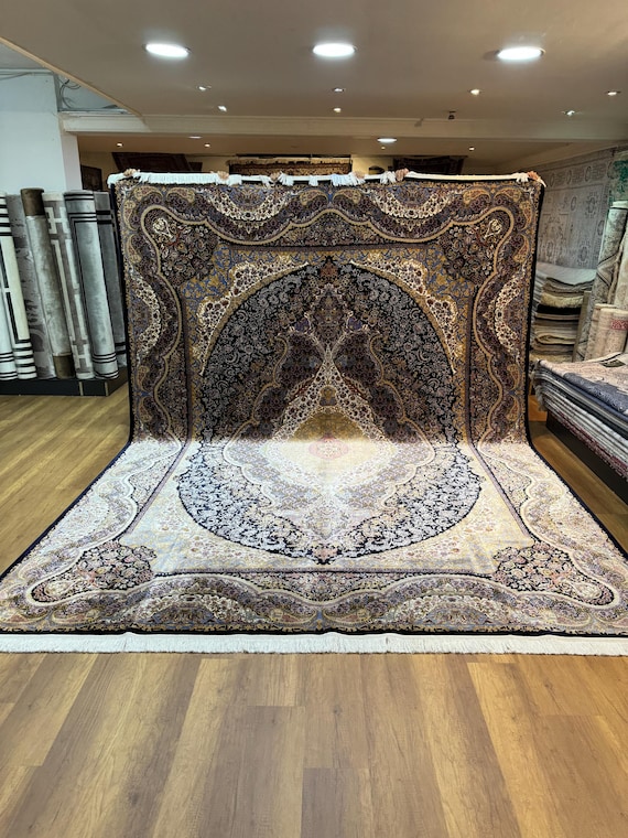 10 x 13 Fuß großer marineblauer Palast-Seidenteppich, traditioneller Bambus-Seidenteppich
