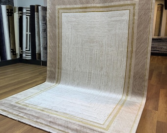 Framed Silk Rug, Cream Gold Rug, Bamboo Silk Rug, 7x10 Area Rug, Soft Rug, Silk Area Rug, Large Carpet, Home Decor, Living Room Rug, Carpet