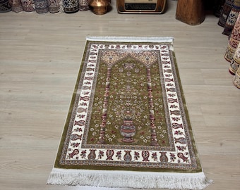Green Prayer Rug, Bamboo Silk Janamaz Mat, 2.6x4.1 ft Small Carpet, Sajjada