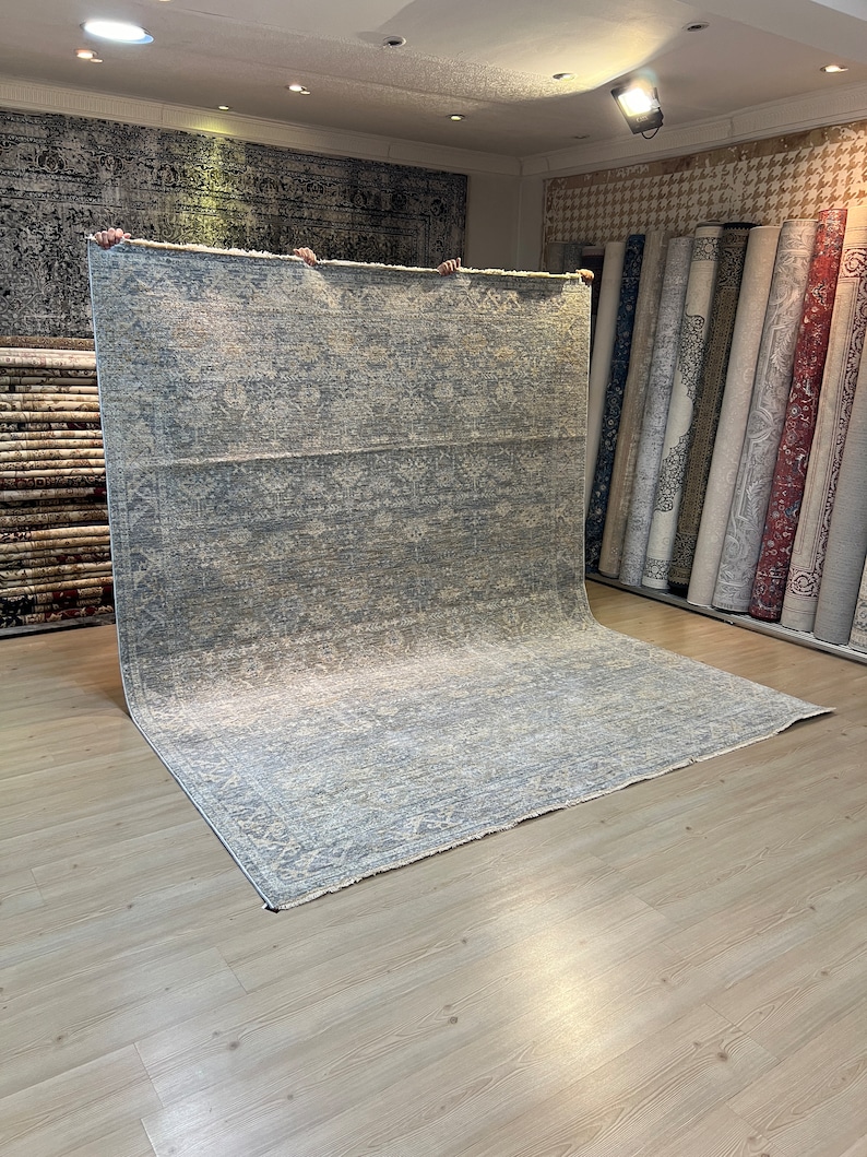 8 x 10 blauw Turks vloerkleed, gedempt oversized tapijt afbeelding 1