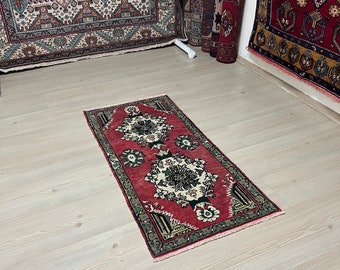 Alfombra Oushak de lana hecha a mano, pequeña alfombra anatolia (48 x 10 cm)