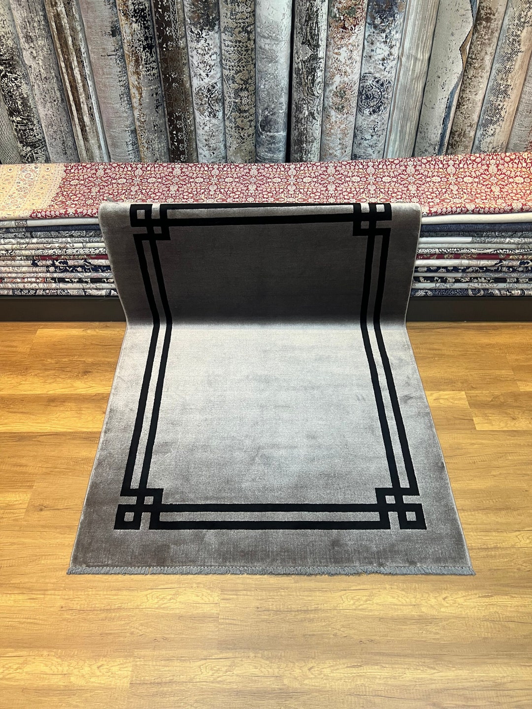 Plain Rug, Gray Black Silk Rug, Bamboo Silk Rug, Turkish Rug, Bordered