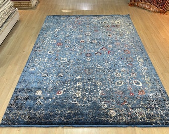 Blue Silk Rug, Luxury Silk Rug, Traditional Rug, 7x10 Area Rug, High Quality Sİlk Rug, Large Blue Rug, Unique Silk Rug, Rug For Living Room