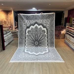 7 x 10 Fuß Luxus Seidenteppich, Teppich mit Authentischem Muster, Türkischer Teppich, Hochwertiger Seidenteppich, Blau Grauer Seidenteppich, Palastteppich