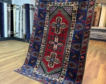 Hand Knotted Turkish Wool Rug, Antique Antalya 4x6, Red Blue Carpet