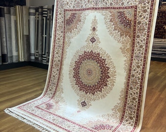 Tappeto di seta 6x8, tappeto di seta rosso, grande tappeto di seta, tappeto di seta turco, tappeto di zona autentico, tappeto da soggiorno, tappeto di seta di bambù, tappeto di seta tradizionale