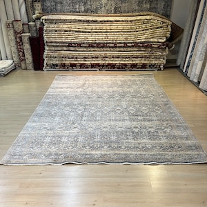 8x10 Blue Rug, Oversize Blue Rug, Large Turkish Rug, Oversize Oushak Rug, Blue Rug For Living Room, Big Saloon Rug, Home Decor, 8x10 Carpet