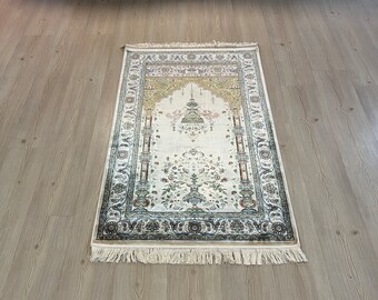Islamic Prayer Silk Rug, 3x4 Lux Silk Rug, Ramadan Gift Rug, Sajadah Silk Rug, Beige Prayer Mat, Beige Sajjada, Janamaz Mat, Bamboo Silk Rug