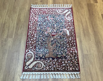 Tree of Life Silk Rug, Animal Pattern, Red Accent Rug (2.36 x 3.57 ft)