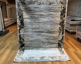 Grey Gold Bamboo Silk Rug, Contemporary Framed Carpet (5.15x7.54 ft)