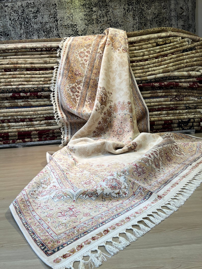 Draped Rugs Beige Bamboo Silk Rug, Traditional Floral Palace Rug (7.80 X 11.02 Ft ...