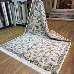 Tappeto di seta rettangolare bianco 8 x 12 piedi, tappeto autentico, tappeto di seta di alta qualità, tappeto per soggiorno, tappeto con motivo floreale, tappeto di seta Palace, alta qualità