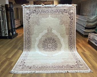 Large Silk Rug, Traditional Carpet, Oriental Rug, Beige Red Rug, Authentic Area Rug, High Quality Silk Rug, 7x10 Bamboo Silk Rug, Home Decor