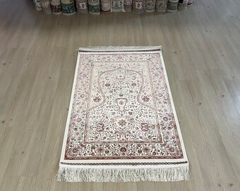 White Silk Prayer Rug, Prayer Mat, Sajjada Rug, Soft Prayer Rug, Janamaz Mat, Gift For Muslim, Lux Prayer Mat, Bamboo Prayer Mat, Silk Rugs