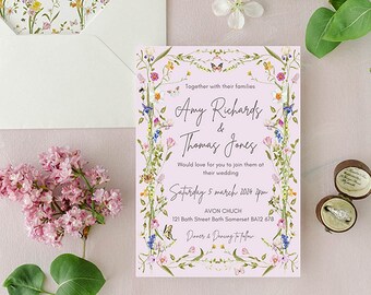 Wildflower Wedding Invitation Template, Printable Wedding Invitation, Spring Wedding Invitation, Pastel Pink Floral Wedding Invitation,