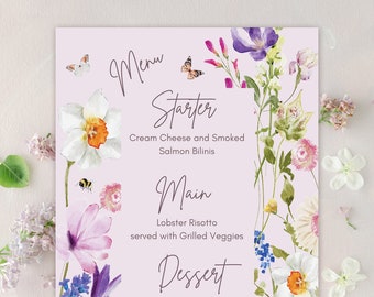 Wildflower Wedding Menu Template, Printable Wedding Menu, Downloadable Pink Spring Floral Menu Template, Pastel Pink Floral Wedding Menu,